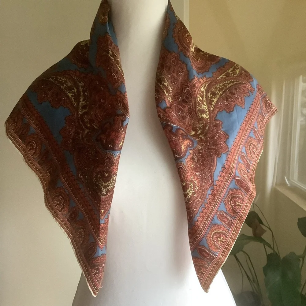 Blue/Bronze Paisley 27” Acetate Scarf Made in Japan
